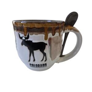 Colorado Moose Hand Crafted Ceramic Mug With Spoon Brown Drip Glaze Coffee Cup
